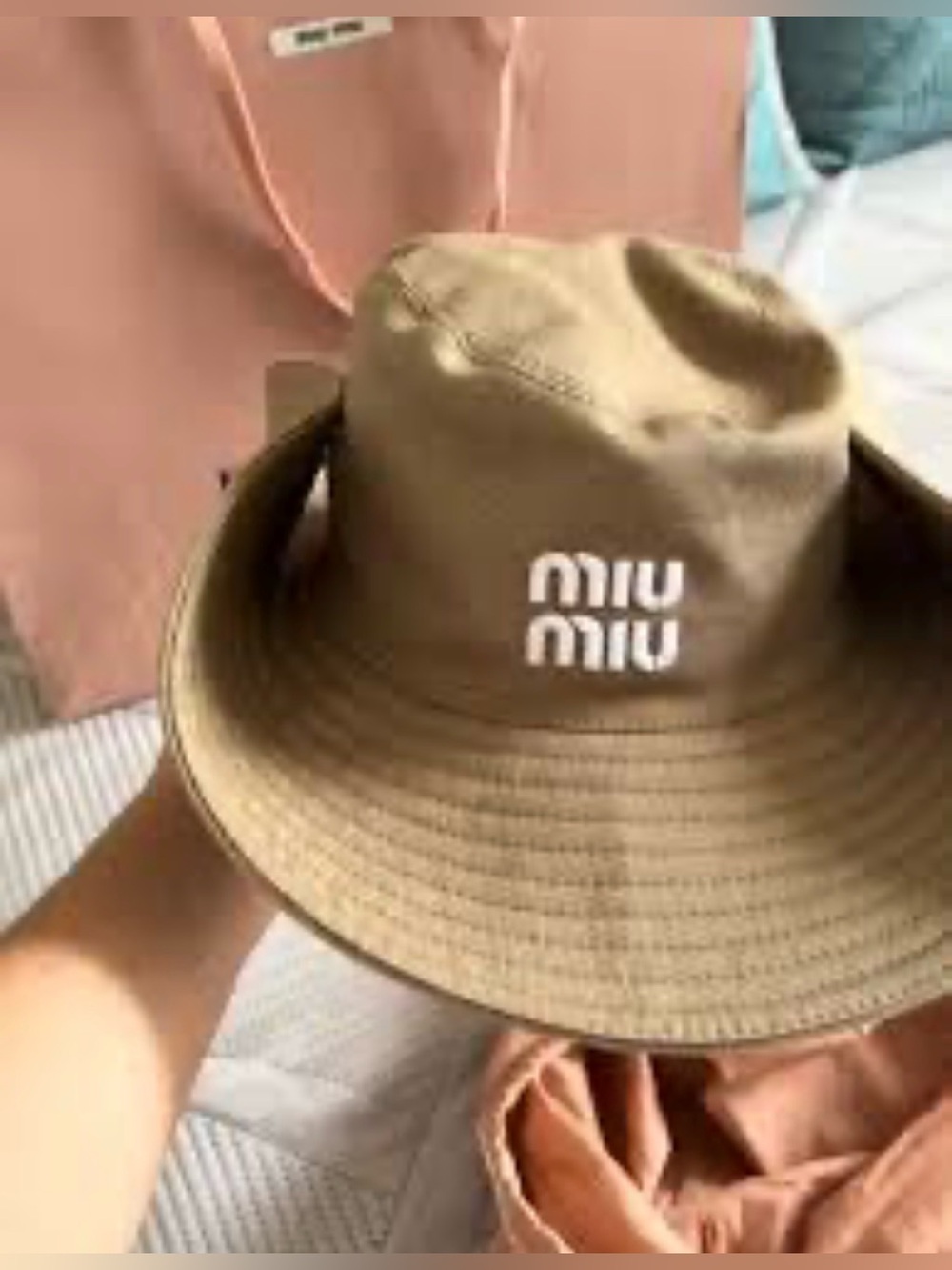 Miu Miu Khaki Bucket Hat with White Logo